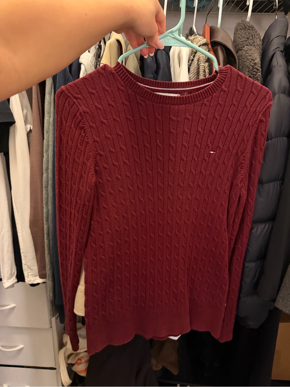 Tommy Hilfiger Burgundy Cable Knit Crewneck Sweater